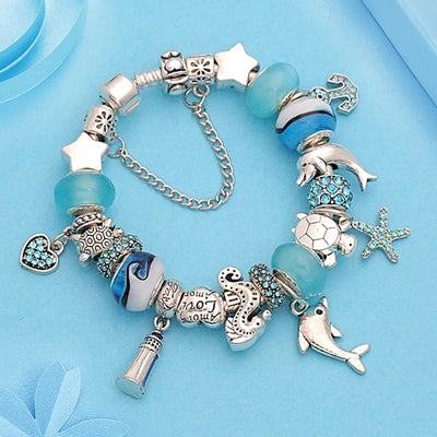 Classic Dolphin Charm Bracelet Blue Murano Crystal Glass DIY Bead Bangle