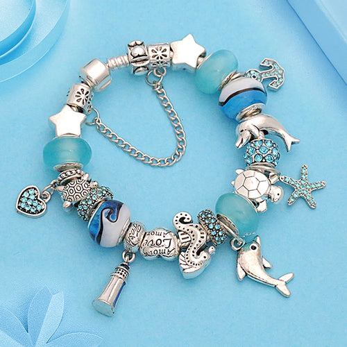 Classic Dolphin Charm Bracelet Blue Murano Crystal Glass DIY Bead Bangle