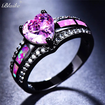 Pink Heart Zircon Single Row Pink Fire Opal Rings For Women Black Gold Color Fashion Engagement Jewelry Halloween Gifts
