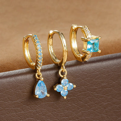 3PCS Water Drop Huggie Hoop Earrings Three-petal Flower Studs