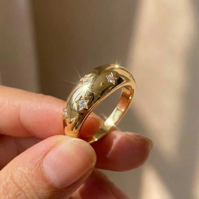 925 Sterling Silver Star Chunky Ring Vintage Trendy Gold Colour Zirconia Stacking Punk Accessory