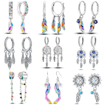 925 Sterling Silver Dreamcatcher Feather Ear Studs Hoop Earrings Jewellery Gift