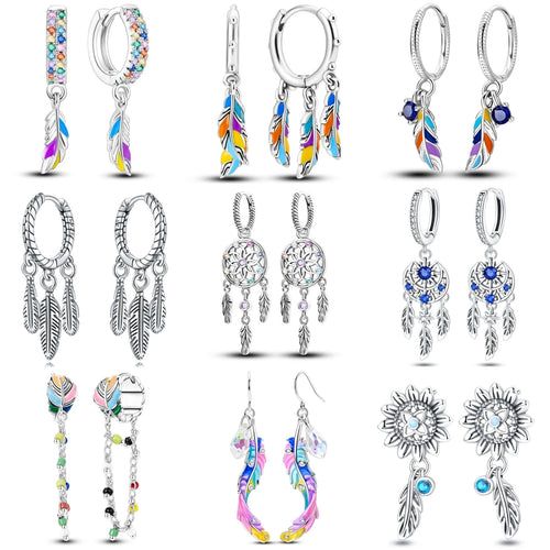 925 Sterling Silver Dreamcatcher Feather Ear Studs Hoop Earrings Jewellery Gift