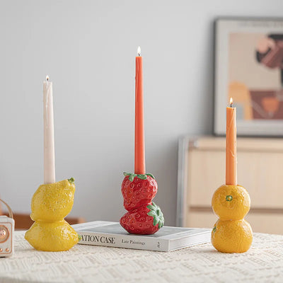 Ceramic Fruit Candle Holder Lemon Orange Figurines Strawberry Candlestick Tabletop Decor