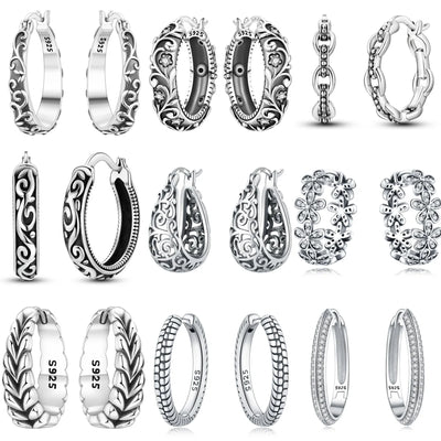 925 Sterling Silver Retro Grass Pattern Versatile Hoop Earrings Birthday Gift