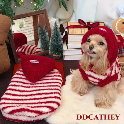 Red Stripe Hooded Dog Cat Vest, Warm Plush Fleece Jacket for Small Medium Pets, Winter Coat with Cute Animal Costume Hood