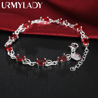 Red Crystal Chain Bracelet 925 Sterling Silver Women Fashion Wedding Gift