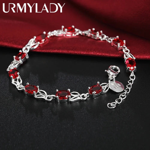 Red Crystal Chain Bracelet 925 Sterling Silver Women Fashion Wedding Gift