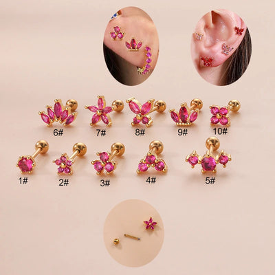 2PCS New Stainless Steel Rose Red Mini Piercing Stud Earrings