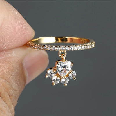 Vintage Gold Silver Color Animal Footprint Ring Cute Cat Paw Dog Claw Pendant Ring White Zircon Love Heart Stone Rings For Women