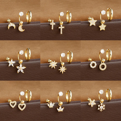 3pcs Stainless Steel Zircon Huggie Hoop Earrings Set Star Moon
