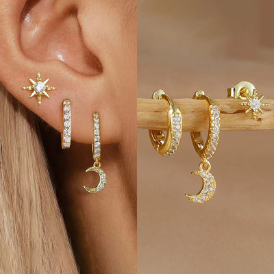 3PCS Gold Silver Star Moon Hanging Earrings Set Stainless Steel