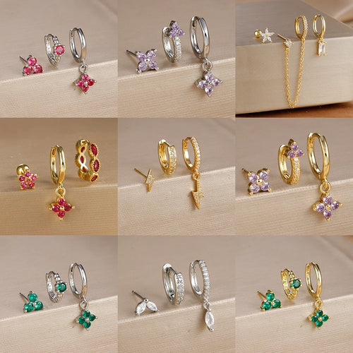 3PCS Gold Plated Lightning Flower Chain Drop Earrings Zircon Dangle