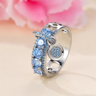 Luxury Female Lake Blue Yellow Black Pink Red Stone Round Dangle Rings For Women Silver Color Green Zircon Wedding Bands Jewelry
