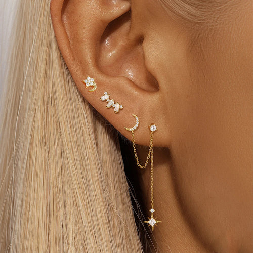 3PCS Stainless Steel Fashion Tassel Chain Stud Piercing Earrings Set
