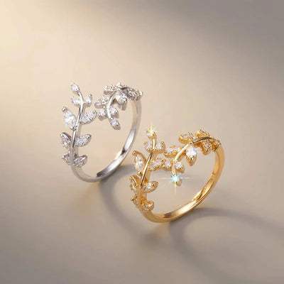 925 Sterling Silver Fashion Zircon Leaf Adjustable Ring Stylish Fine Jewellery Hot Sales