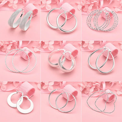 925 Sterling Silver Heart & Round Hoop Earrings Women Charm Party Jewellery