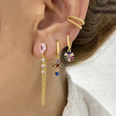 2PCS Pink Zircon Water Drop Chain Link Hanging Earrings Cross Dangle