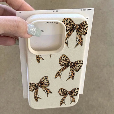 Brown Leopard Bow Lychee Case for iPhone 17 16 15 14 13 Pro Max