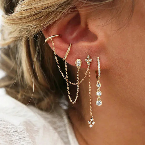 Stainless Steel Gold Colour Chain Dangle Drop Earrings Clip Earring