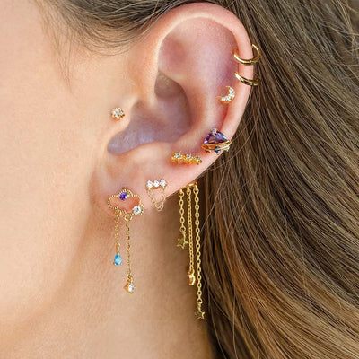 New Stainless Steel Zirconia Hoop Earring Cloud Star Moon Chain Pendant