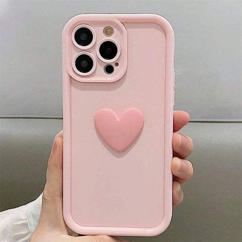 3D Love Heart Pink Matte Case for iPhone 17 16 15 14 13 12 11 Pro Max Plus