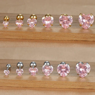 1PC Simple Pink Cubic Zirconia Heart Small Stud Earrings Steel