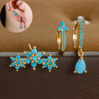 Vintage Blue Turquoise Water Drop Hoop Earring Set Geometric Steel