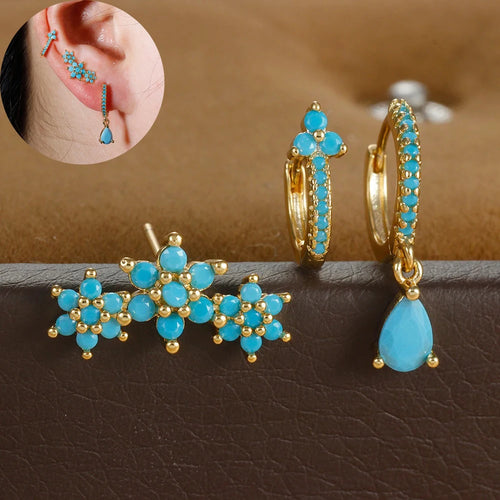 Vintage Blue Turquoise Water Drop Hoop Earring Set Geometric Steel