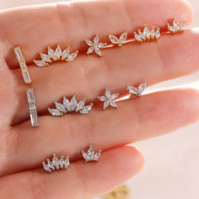 6 Pieces Flower Crown Stainless Steel Zircon Small Stud Earrings