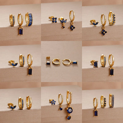 3PCS Cute Flower Stainless Steel Blue Zircons Small Hoop Earrings