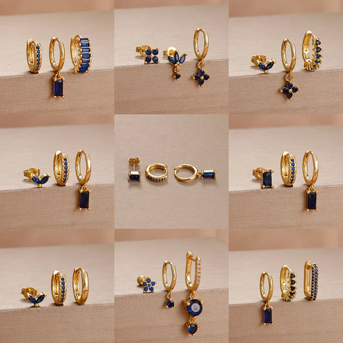 3PCS Cute Flower Stainless Steel Blue Zircons Small Hoop Earrings