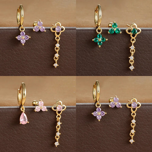 3PCS Green Zircon Flower Hoop Earrings Set Stainless Steel Luxury