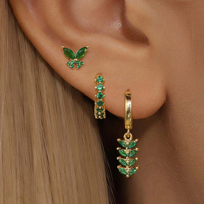 3PCS Zircon Leaf Hoop Earrings Set Stainless Steel Butterfly Studs