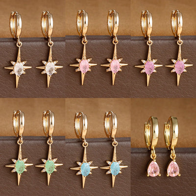 2PCS Simple Stainless Steel Star Hoop Earrings Gold Colour Zirconia