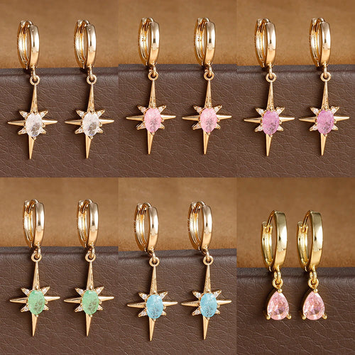 2PCS Simple Stainless Steel Star Hoop Earrings Gold Colour Zirconia