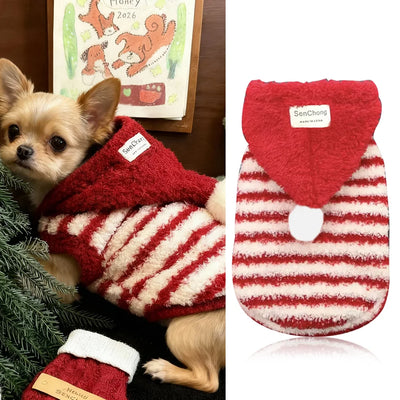 Pompom & Stripe Pet Hoodie, Red Plush Dog Cat Vest with Cute Hood, Soft Warm Fleece Jacket for Small Medium Puppy Kitten