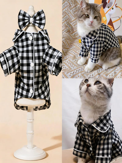 Grid Pattern Cat Dog Pajamas Set Soft Sleepsuit with Flower Headband