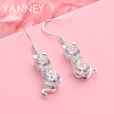 925 Sterling Silver Cute Kitten Zirconia Earrings Women Fashion Wedding Gift