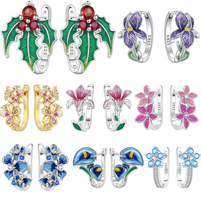 925 Sterling Silver Purple Flowers Versatile Hoop Earrings Fine Birthday Gift