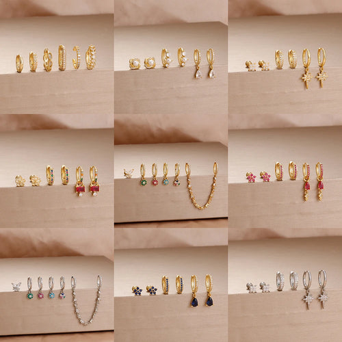 6PCS Exquisite Zircon Geometric Circle Earrings Set Gold Colour Steel