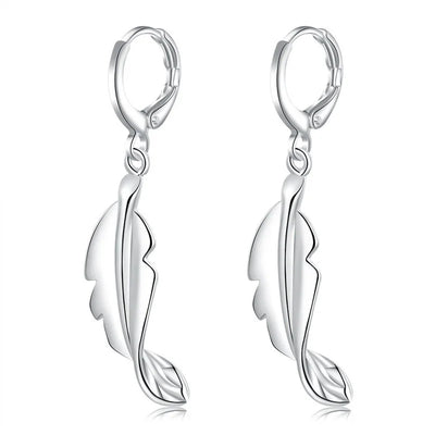 925 Sterling Silver 40mm Feather Earrings Women Fashion Charm Wedding Gift