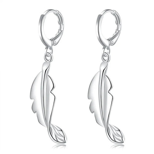 925 Sterling Silver 40mm Feather Earrings Women Fashion Charm Wedding Gift