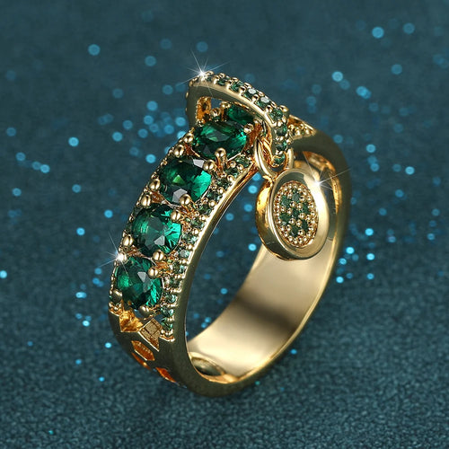 Antique Green Stone Dangle Pendant Ring Gold Color Zircon Round Rings For Women Dainty Wedding Bands Valentine Day Jewelry Gifts