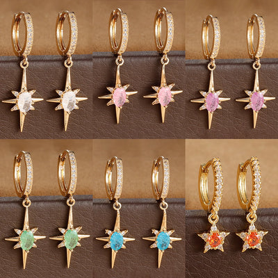 Luxury Crystal Zirconia Star Hoop Earrings Gold Plated Geometric