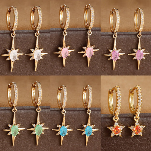 Luxury Crystal Zirconia Star Hoop Earrings Gold Plated Geometric