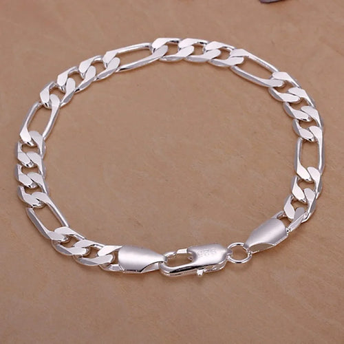 6-8mm Figaro Chain Bracelet 20cm 925 Sterling Silver Men Women Wedding Gift