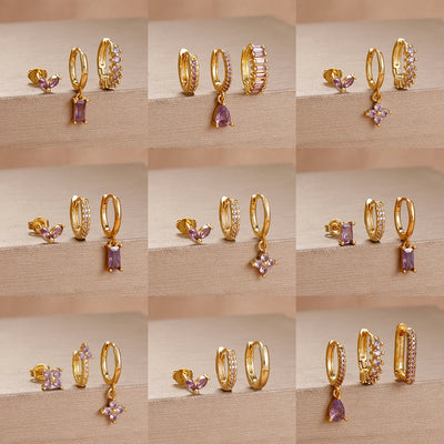 3PCS Purple Zircon Hoop Earrings for Women Stainless Steel Gold Pendant