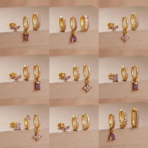 3PCS Purple Zircon Hoop Earrings for Women Stainless Steel Gold Pendant