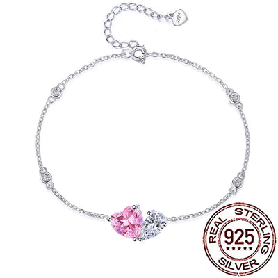 QooLady S925 Sterling Silver Sweet Shiny Pink Cubic Zircon Love Heart Shape Bracelet for Women Wedding Party Fine Jewelry SB036